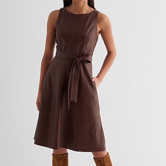 Express Dresses & Skirts - NWT Express Brown Faux Leather Fit and Flare Tie Waist Midi Dress size XS